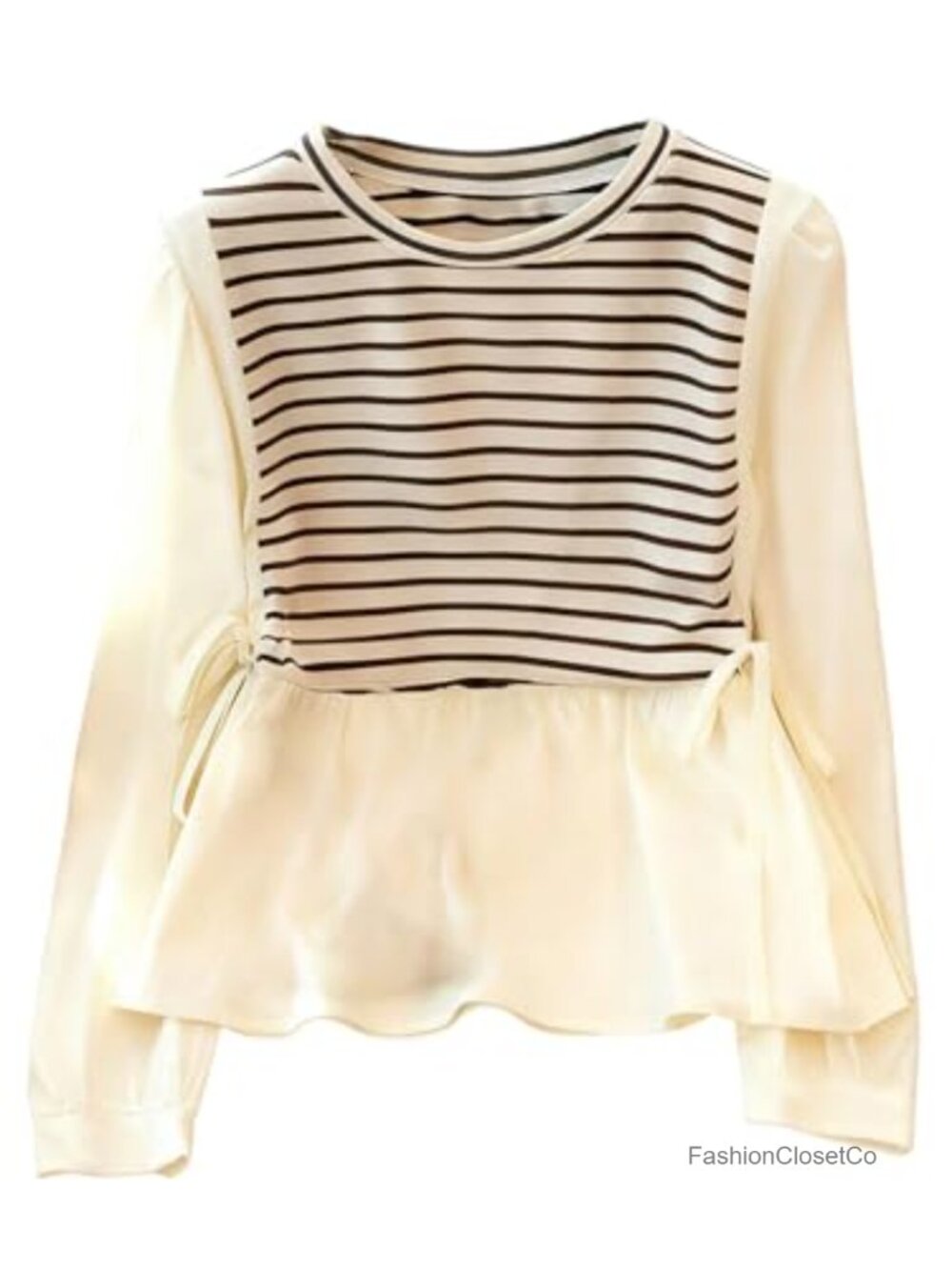 Striped Bow Knot Peplum Blouse Long Sleeve Crew Neck